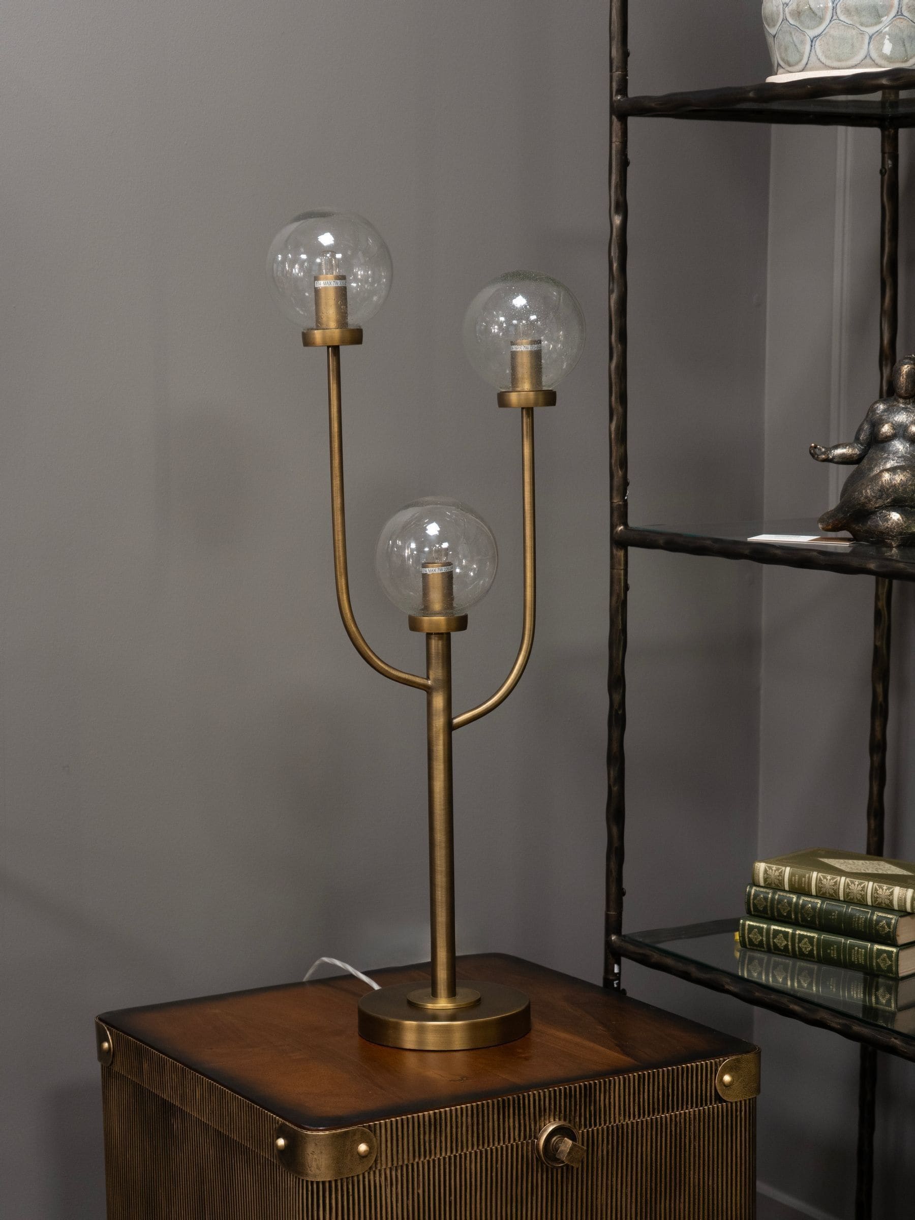 Libra Interiors antique brass three globe table lamp (British brand)