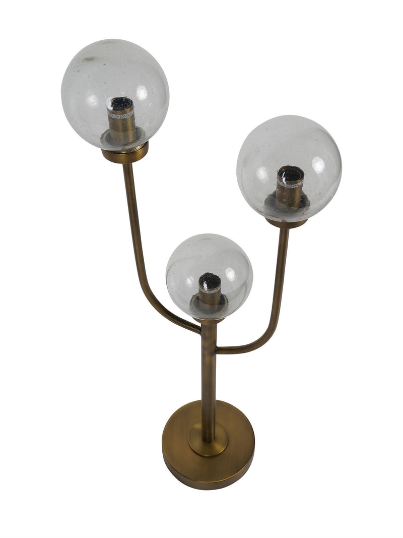 Libra Interiors antique brass three globe table lamp (British brand)