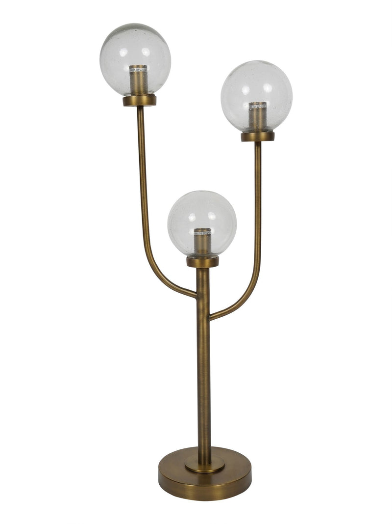 Libra Interiors antique brass three globe table lamp (British brand)