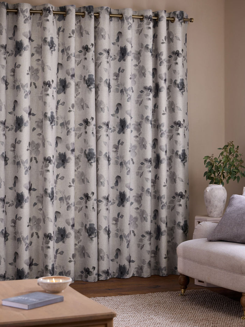 Grey floral print eyelet lined curtains, British product