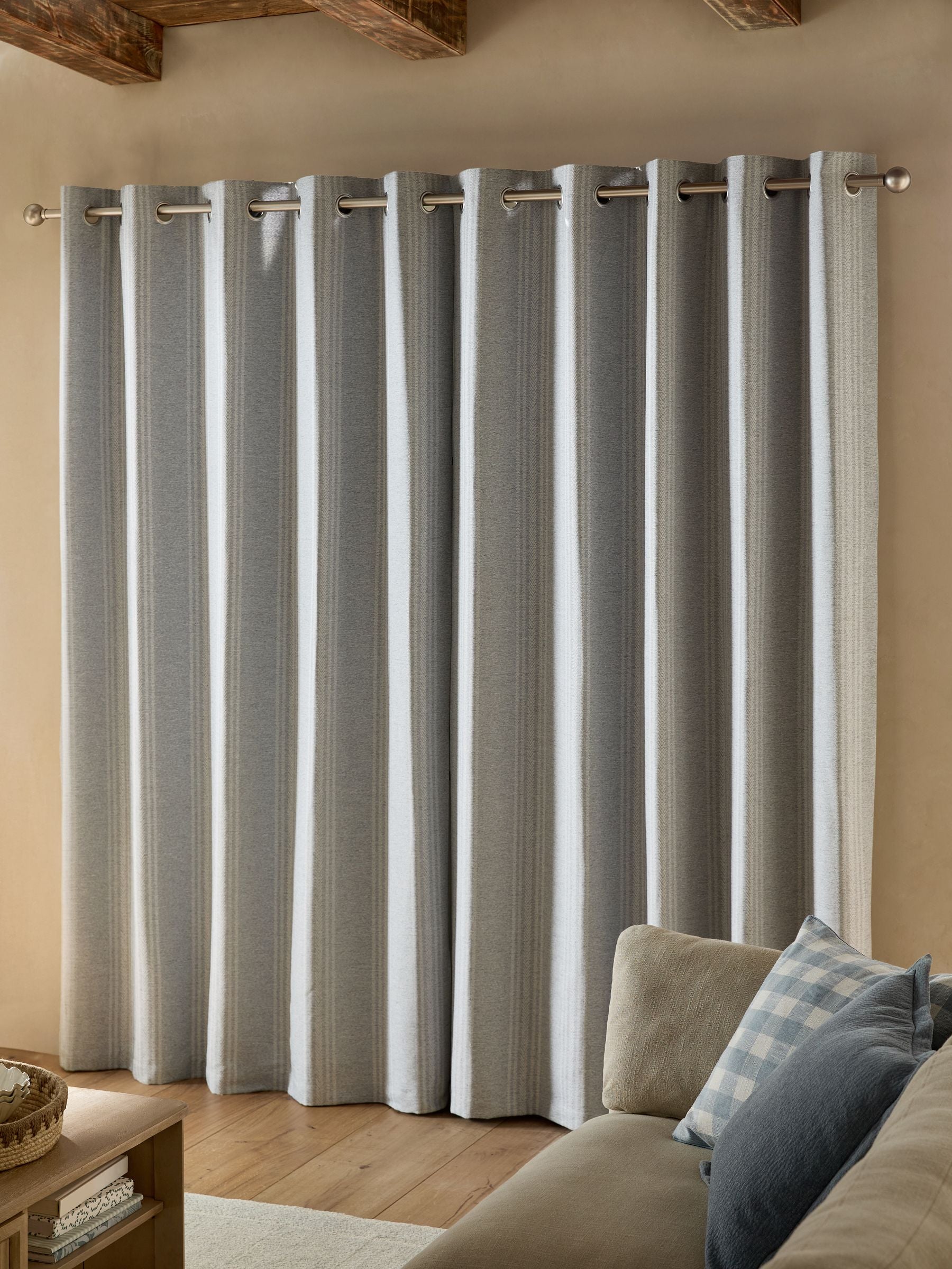 Blue woven stripe eyelet lined curtains, UK version