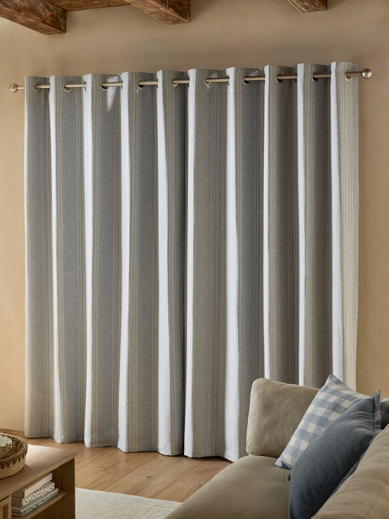 Blue woven stripe eyelet lined curtains, UK version