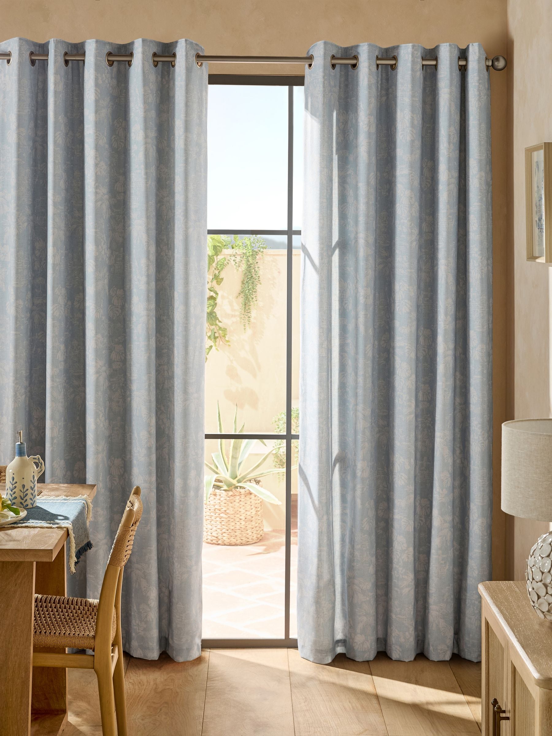 Blue toile print linen eyelet curtains - British product