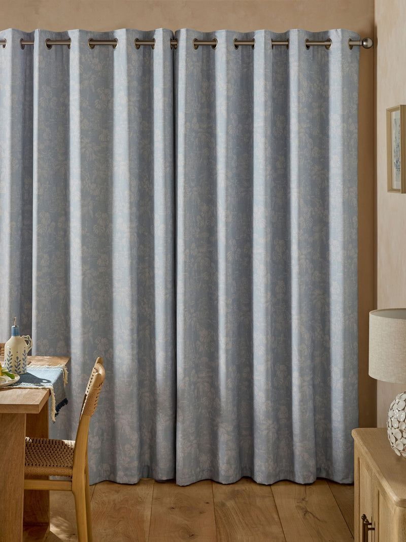 Blue toile print linen eyelet curtains - British product