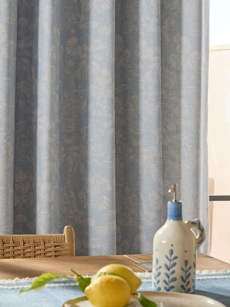 Blue toile print linen eyelet curtains - British product