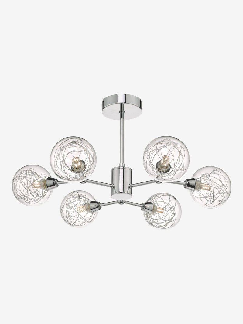 Dar Lighting Tyka semi flush ceiling light 6 light polished chrome glass, imported from the UK