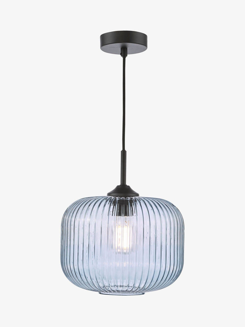 Dar Lighting pendant ceiling light matt black smoked ribbed glass, imported from the UK