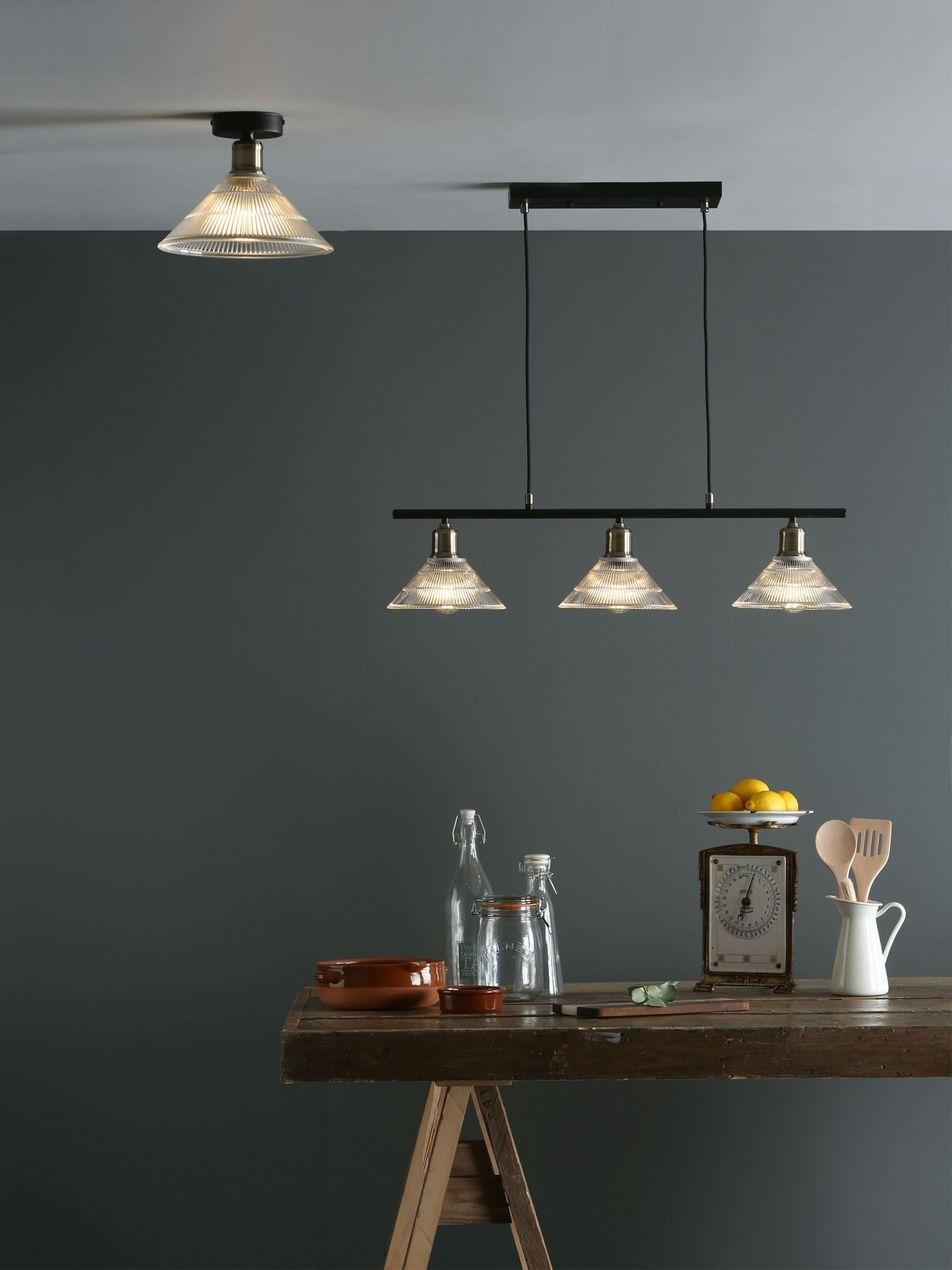 Dar Lighting Antique Brass Ribbed Glass Boyd Ceiling Light, imported from the UK