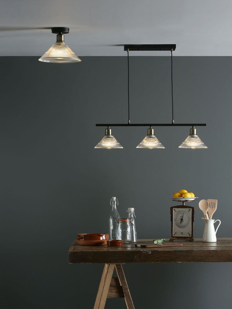 Dar Lighting Antique Brass Ribbed Glass Boyd Ceiling Light, imported from the UK