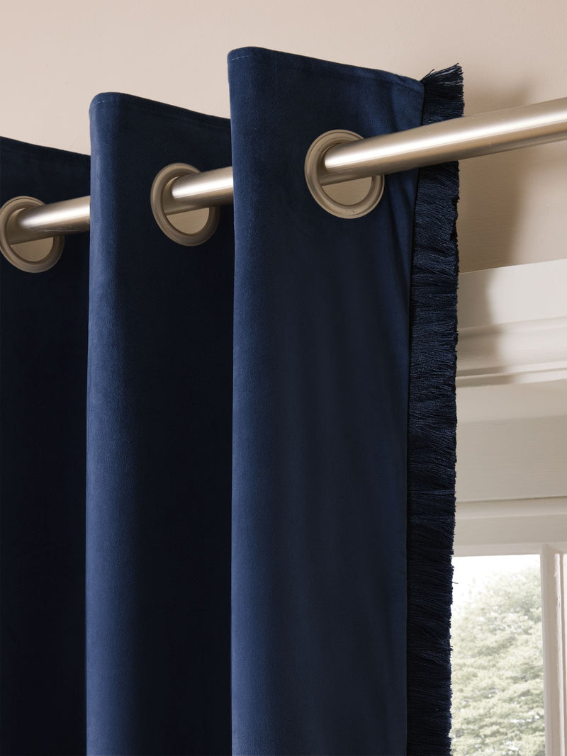 Blue Dark Navy Matte Velvet Fringe Blackout/Thermal Eyelet Curtains