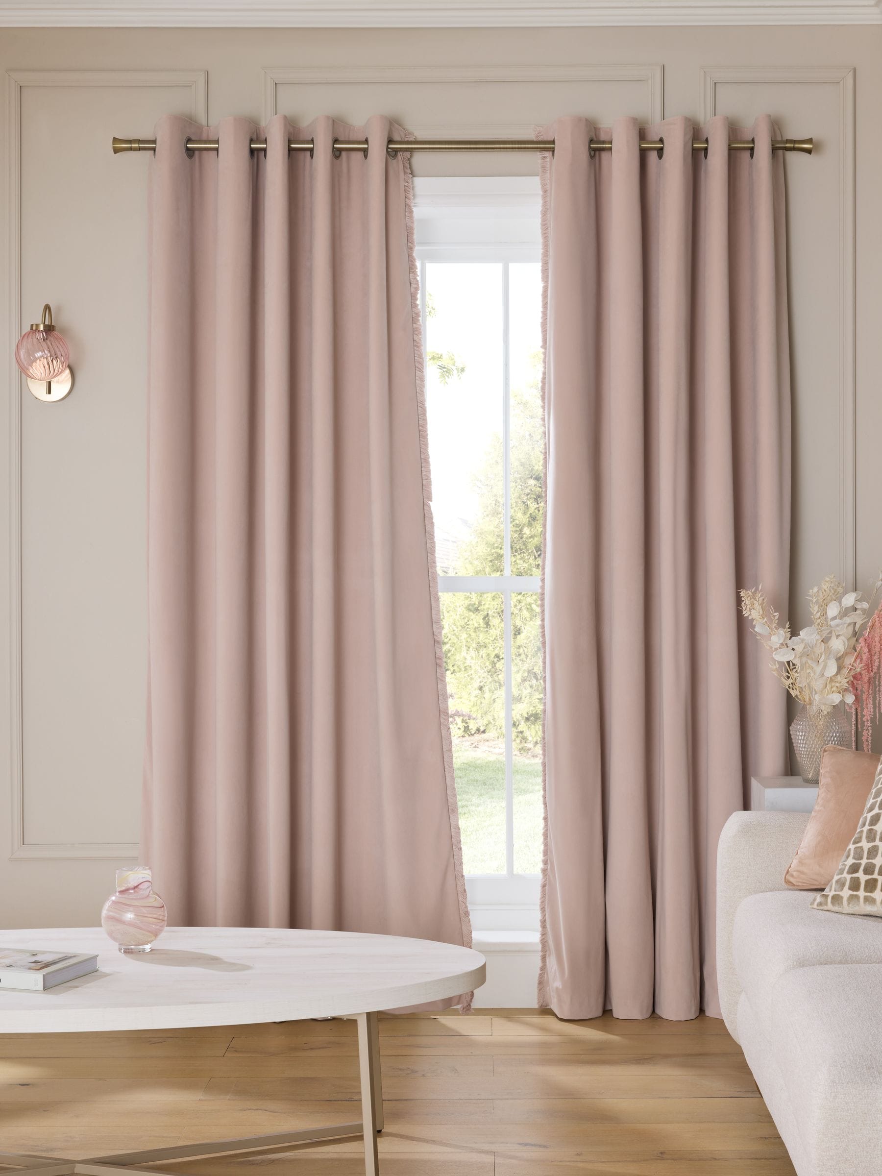 Pink rose velvet blackout curtains with fringe trim - British product