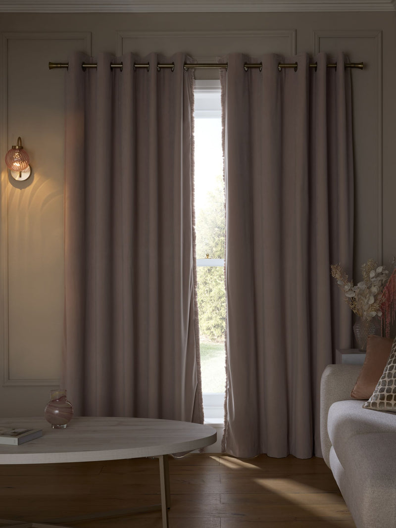 Pink rose velvet blackout curtains with fringe trim - British product