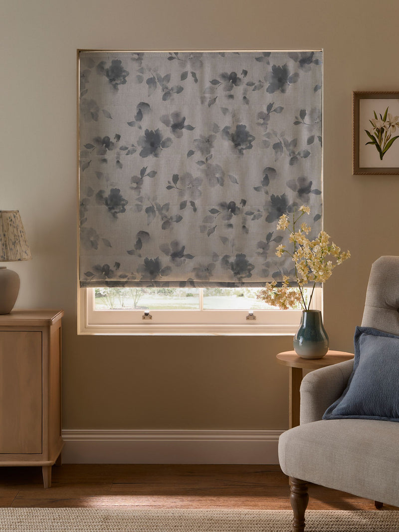 Grey floral roman blind blackout thermal lining (British brand)