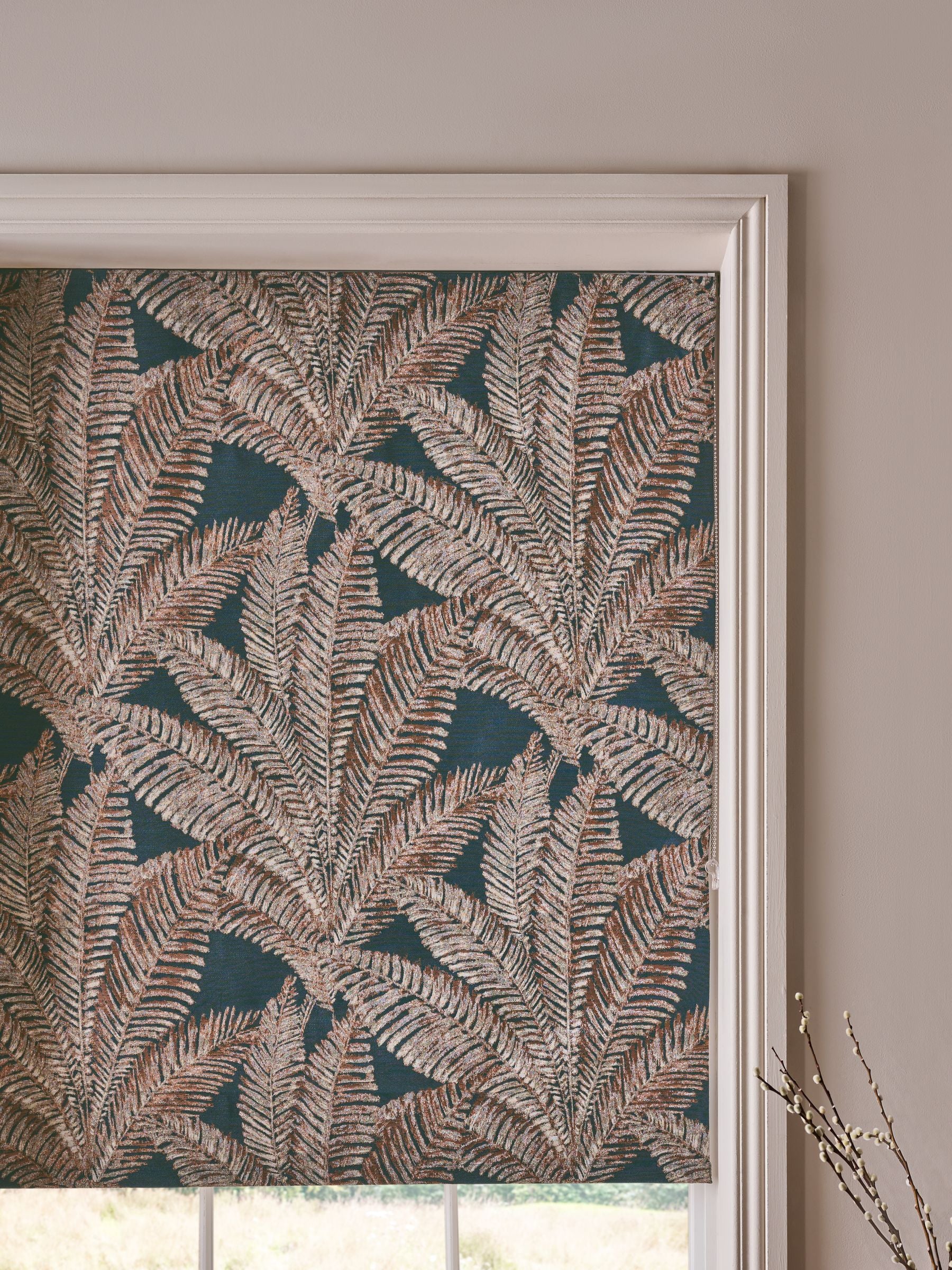 Teal leaf jacquard blackout roman blind, imported from the UK