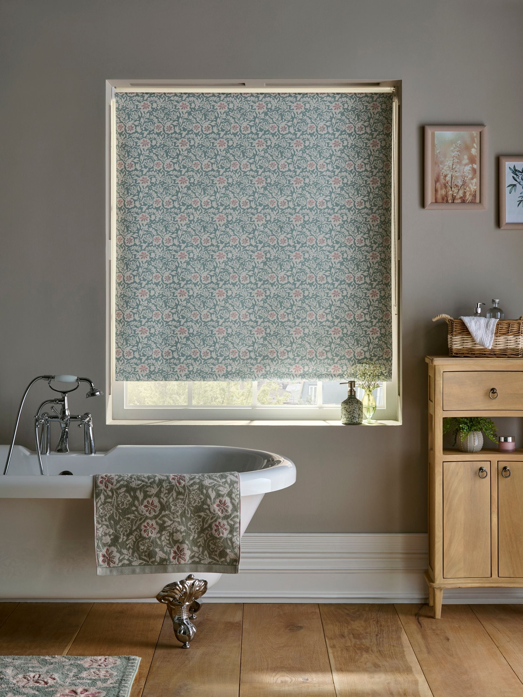 Sage green floral blackout roller blind - British product