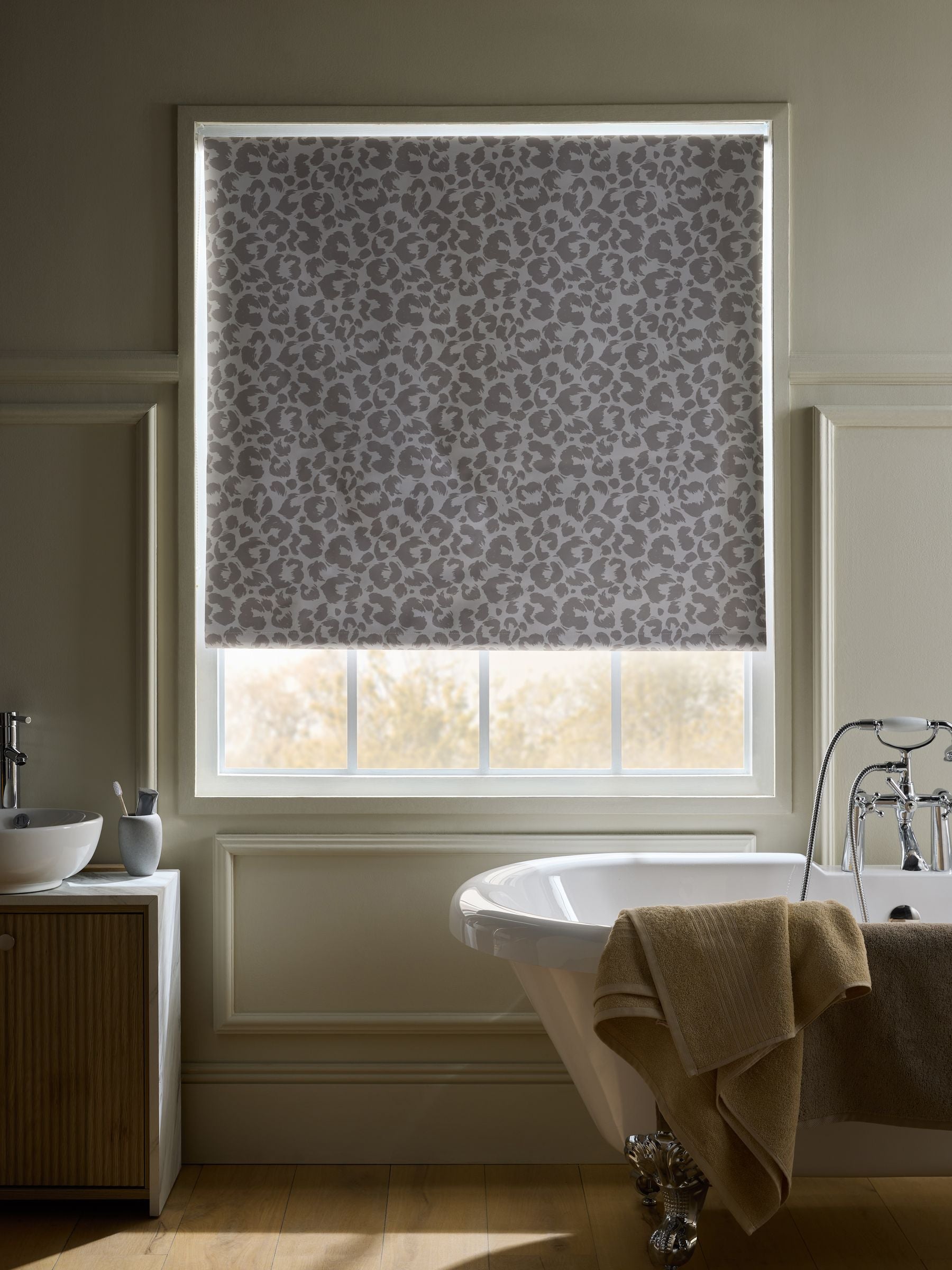 Leopard print blackout roller blind for bathrooms and kitchens - British product
