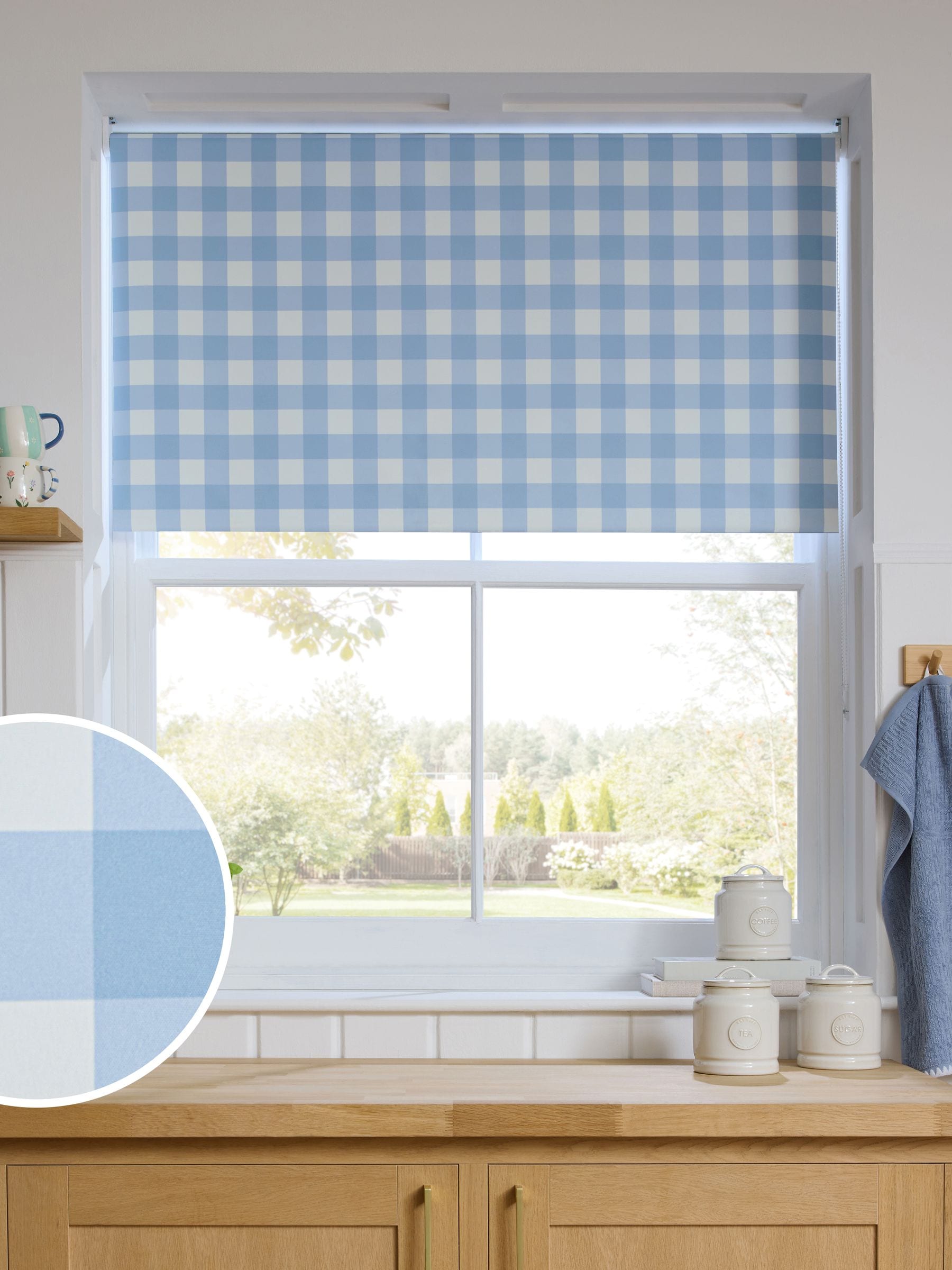 Blue gingham check roller blind (British brand)