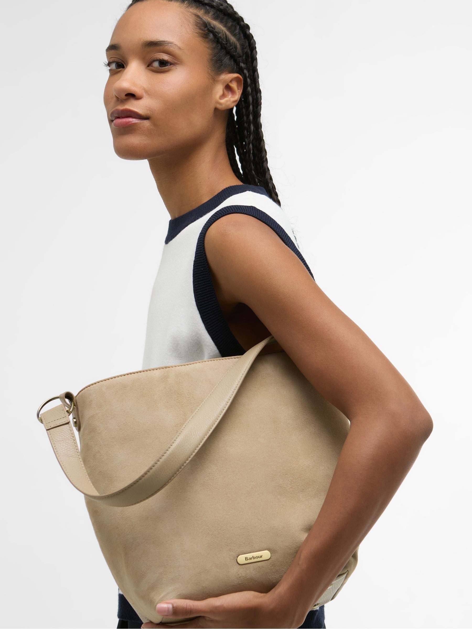 Barbour suedette bucket bag cream cedar 28cm, UK version