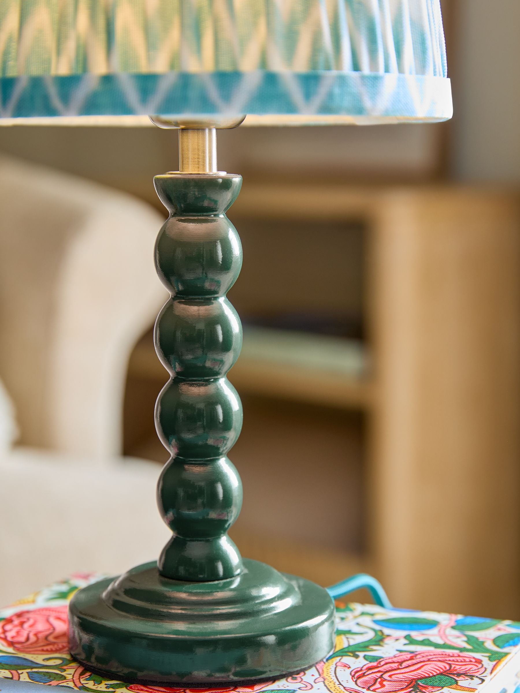 Green Mini Bobbin Table Lamp 31cm height with wooden base, UK version
