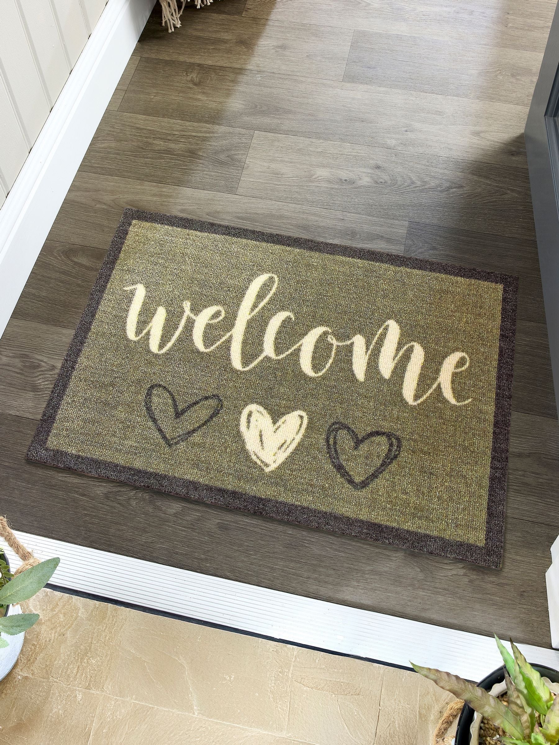 My Mat Sage Green Welcome Hearts Mat