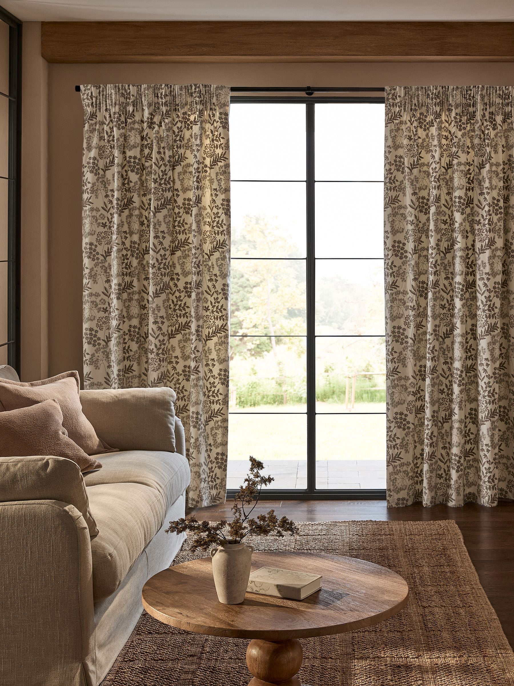 Natural Collection floral embroidered pencil pleat lined curtains, UK version
