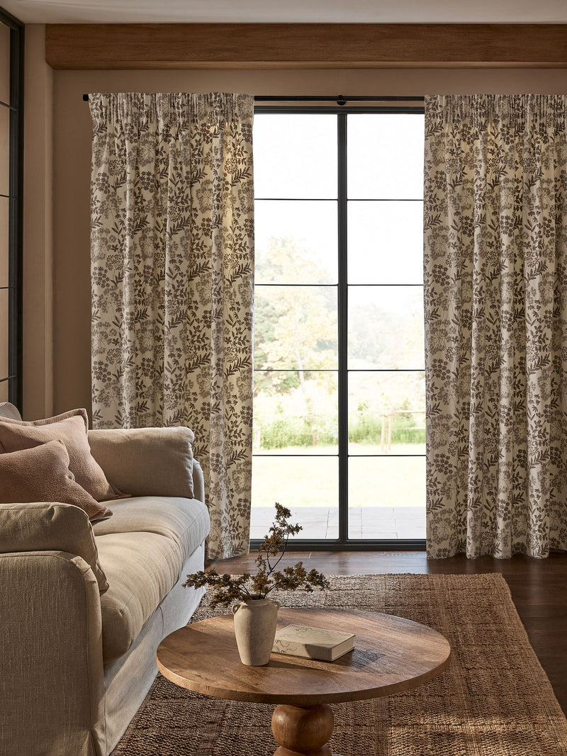 Natural Collection floral embroidered pencil pleat lined curtains, UK version