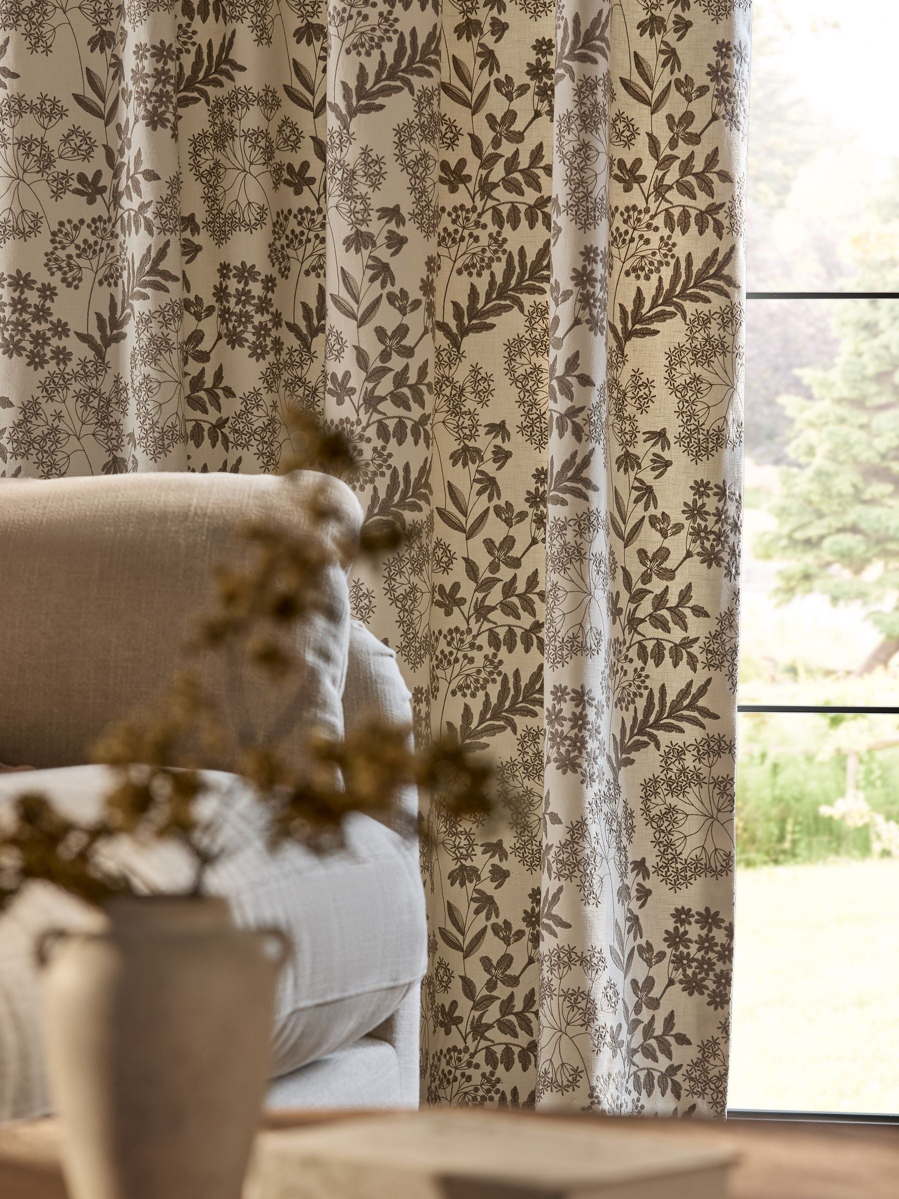 Natural Collection floral embroidered pencil pleat lined curtains, UK version
