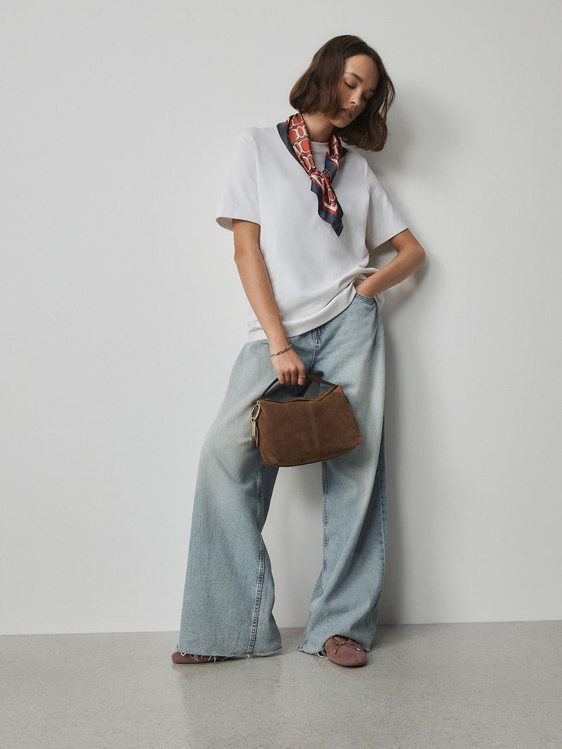 Tan brown leather slouchy cross-body bag with magnetic flap (British brand)