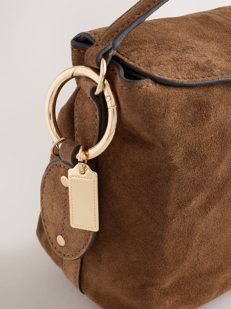 Tan brown leather slouchy cross-body bag with magnetic flap (British brand)