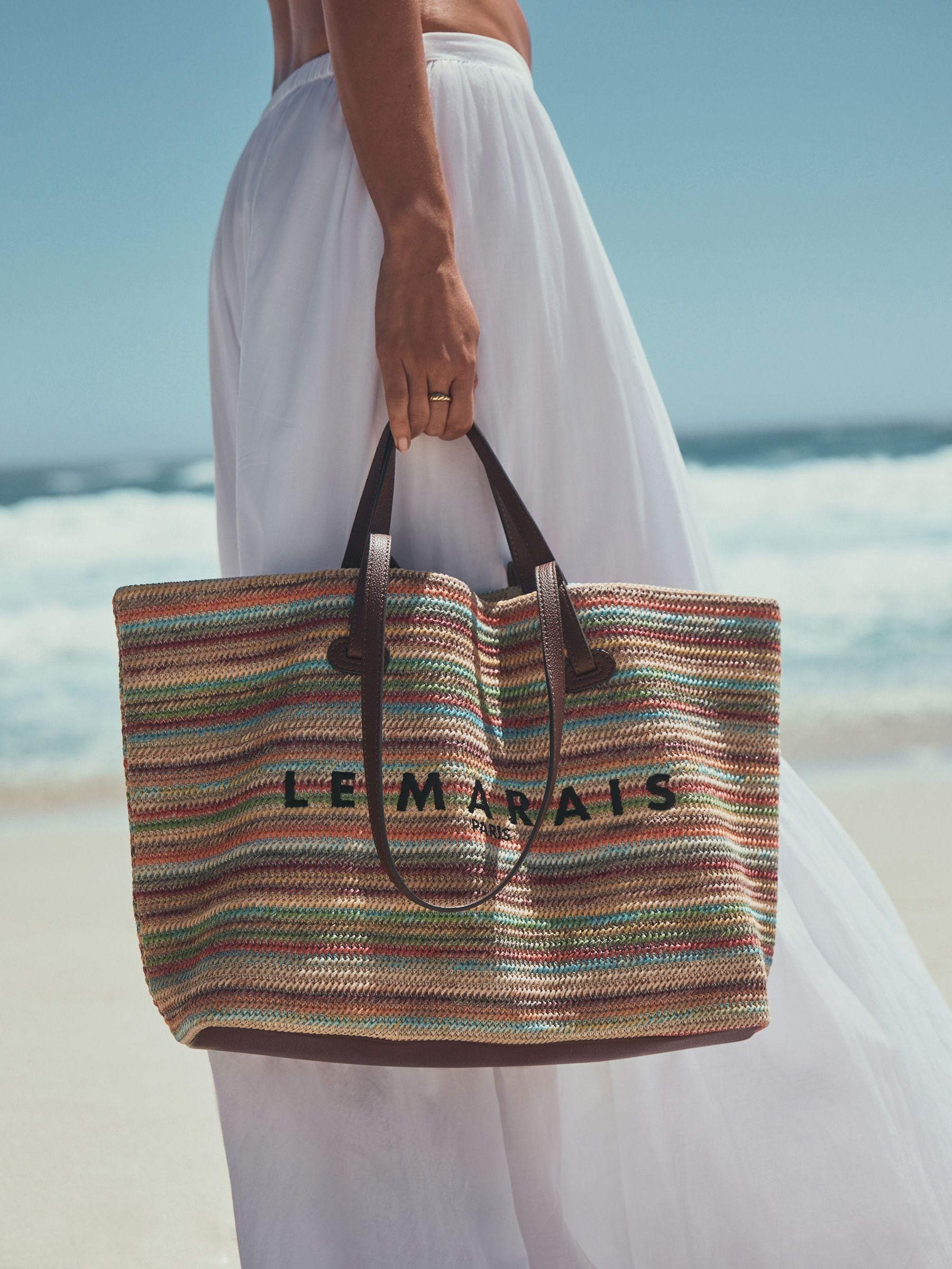 Le Marais stripe shoulder bag with raffia effect, imported from the UK