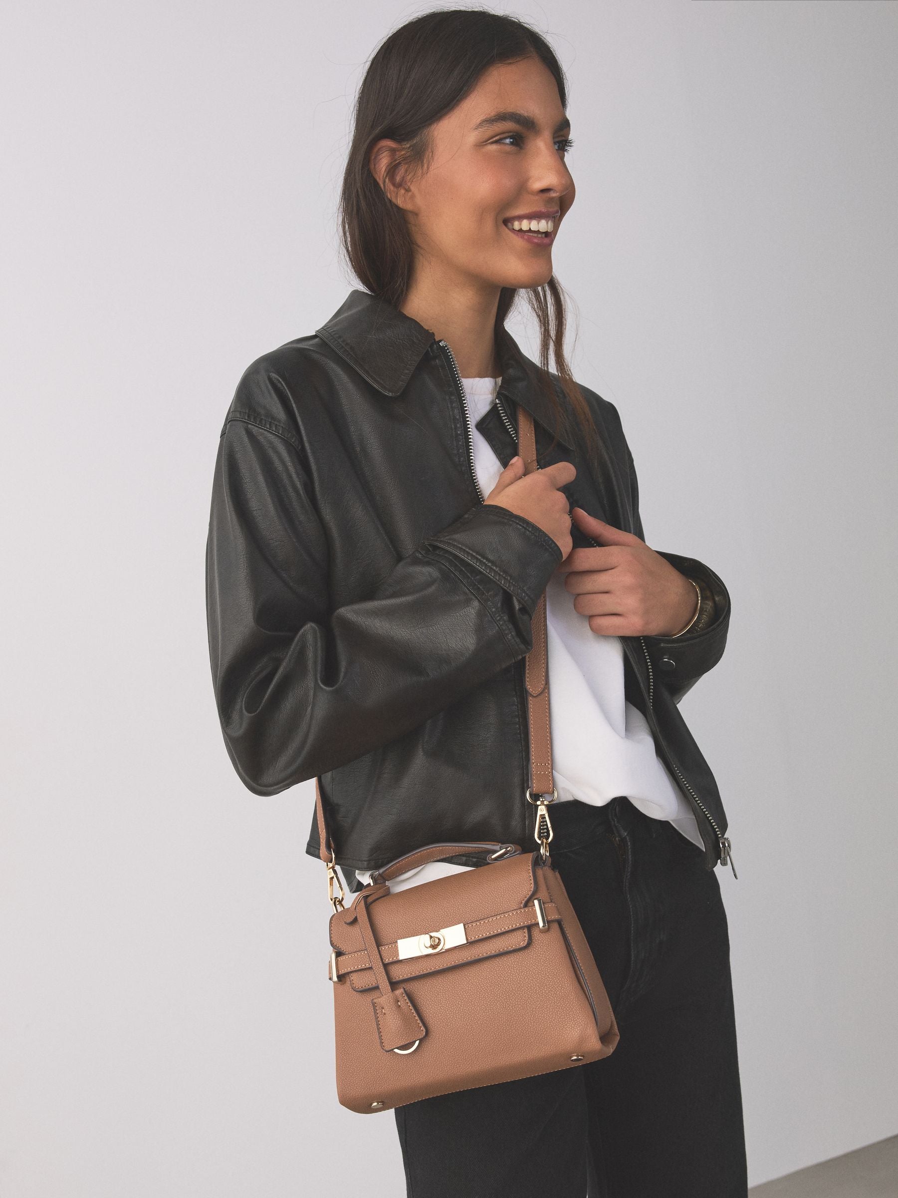 Tan Brown Belted Hand Held Bag