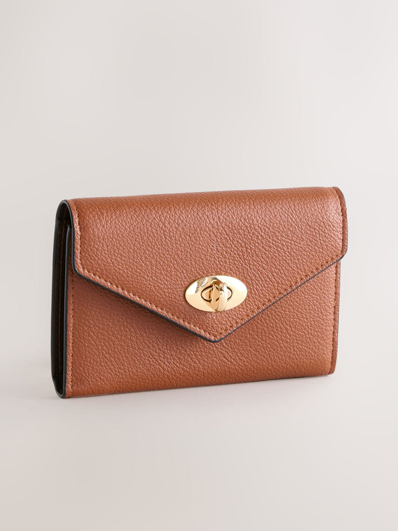 Tan brown envelope lock purse with gold-tone lock (British brand)