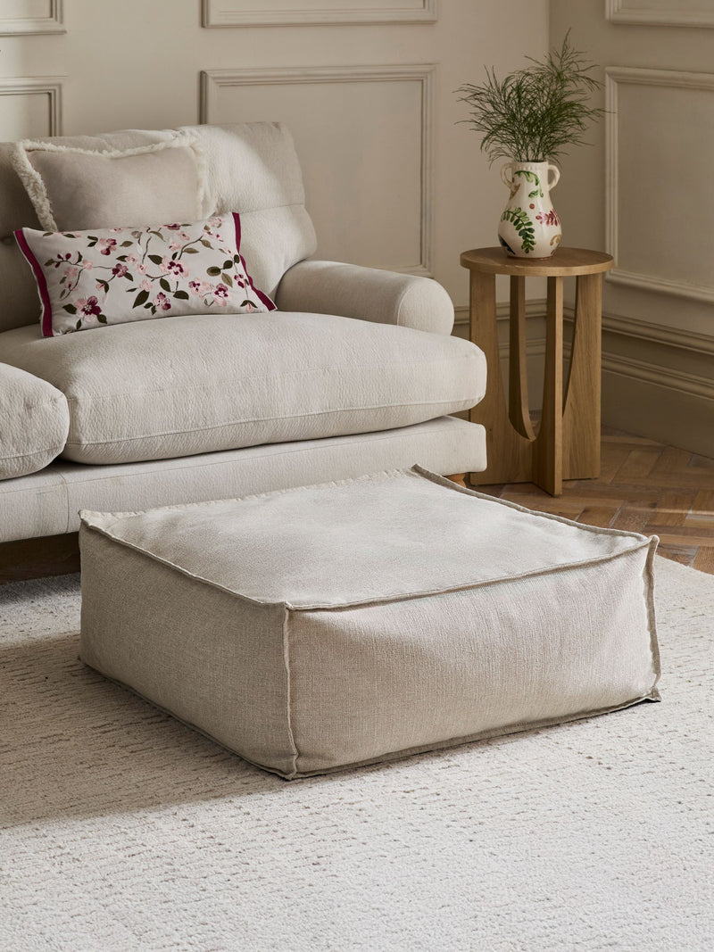 Large tweedy plain square pouffe 80cm, imported from the UK