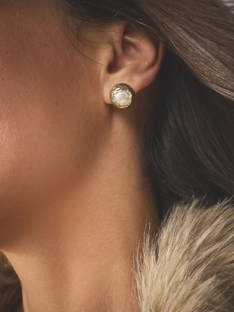 Pearl white effect stud earrings recycled brass - British product