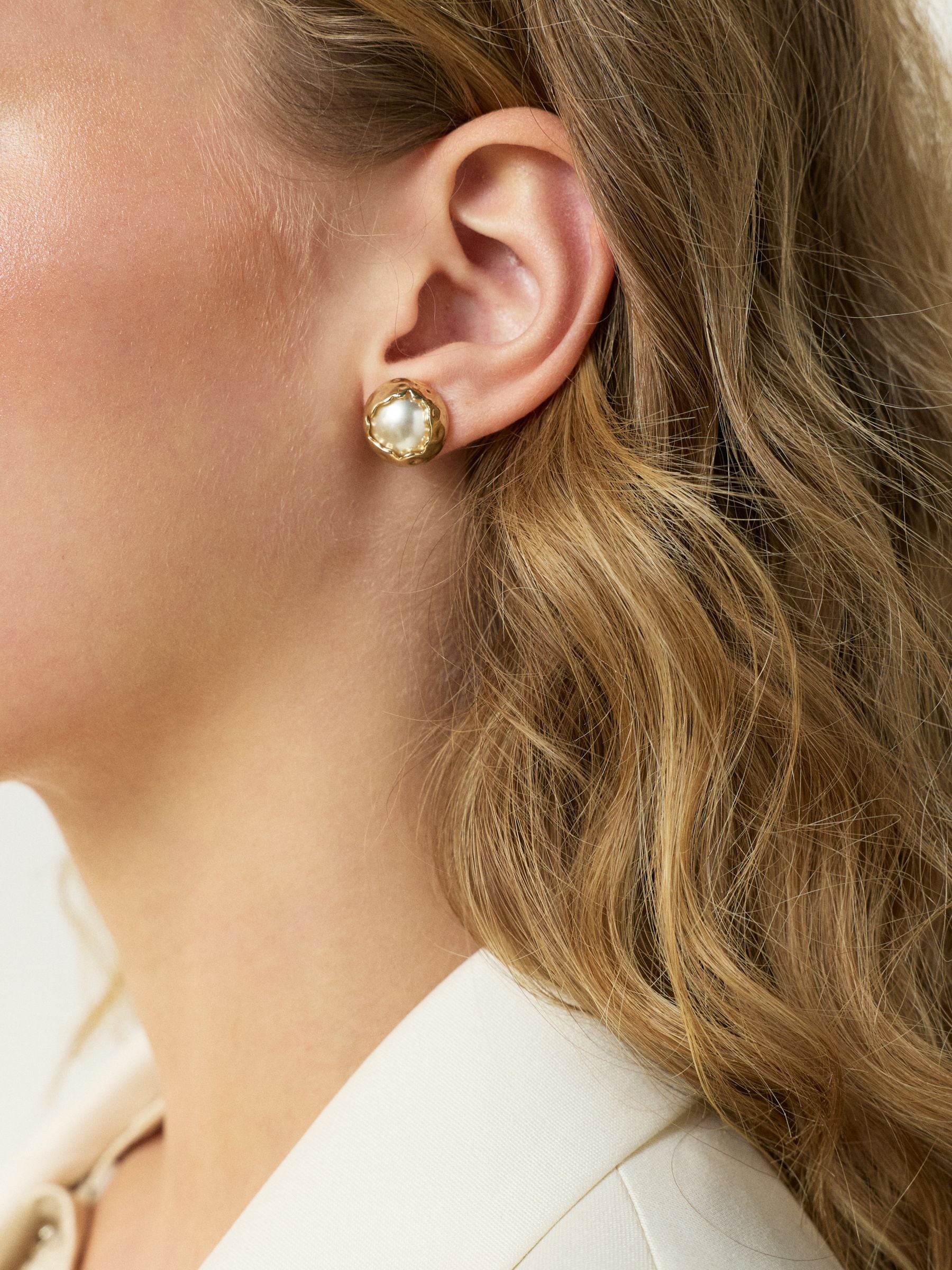 Pearl white effect stud earrings recycled brass - British product