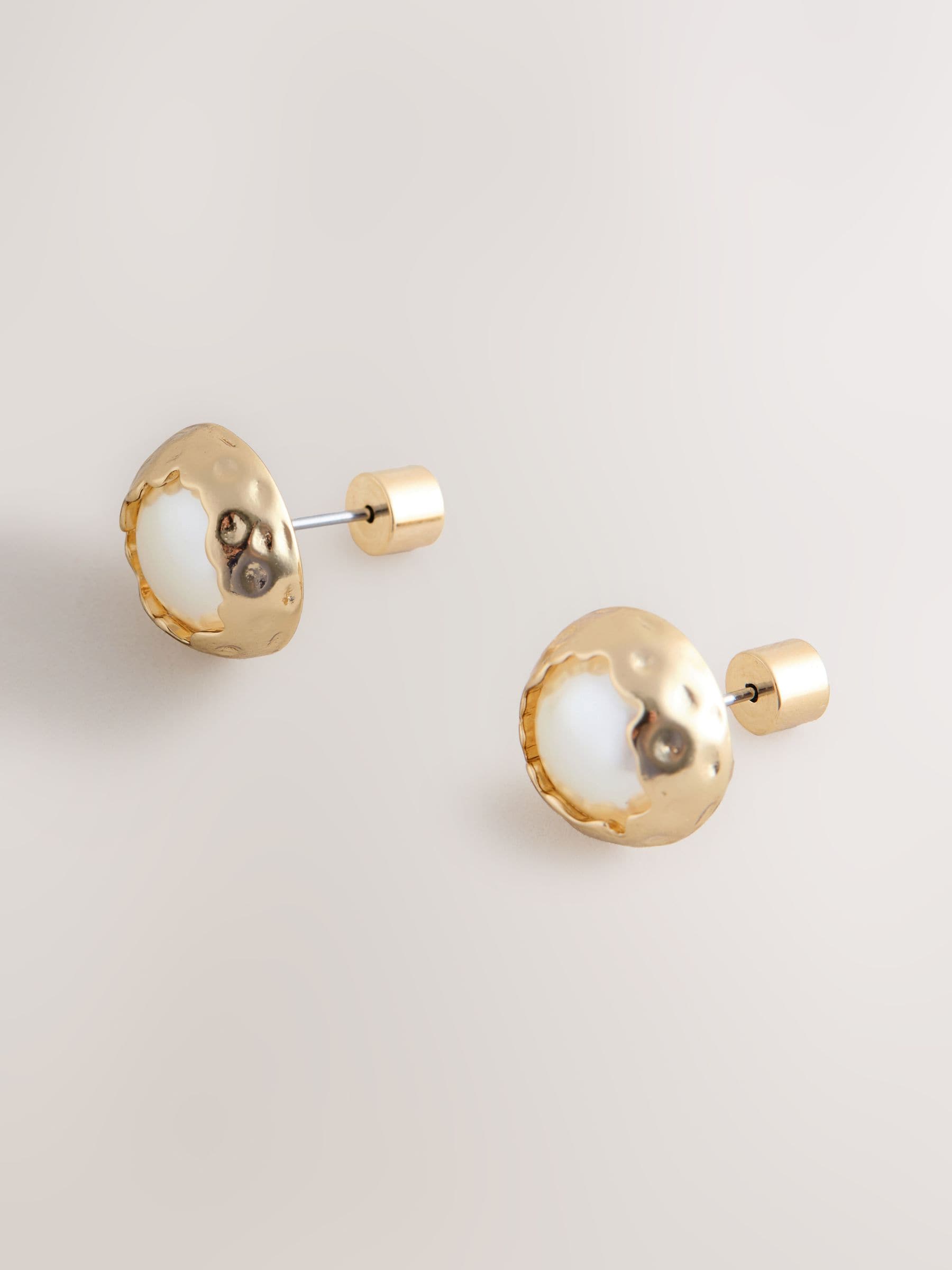 Pearl white effect stud earrings recycled brass - British product