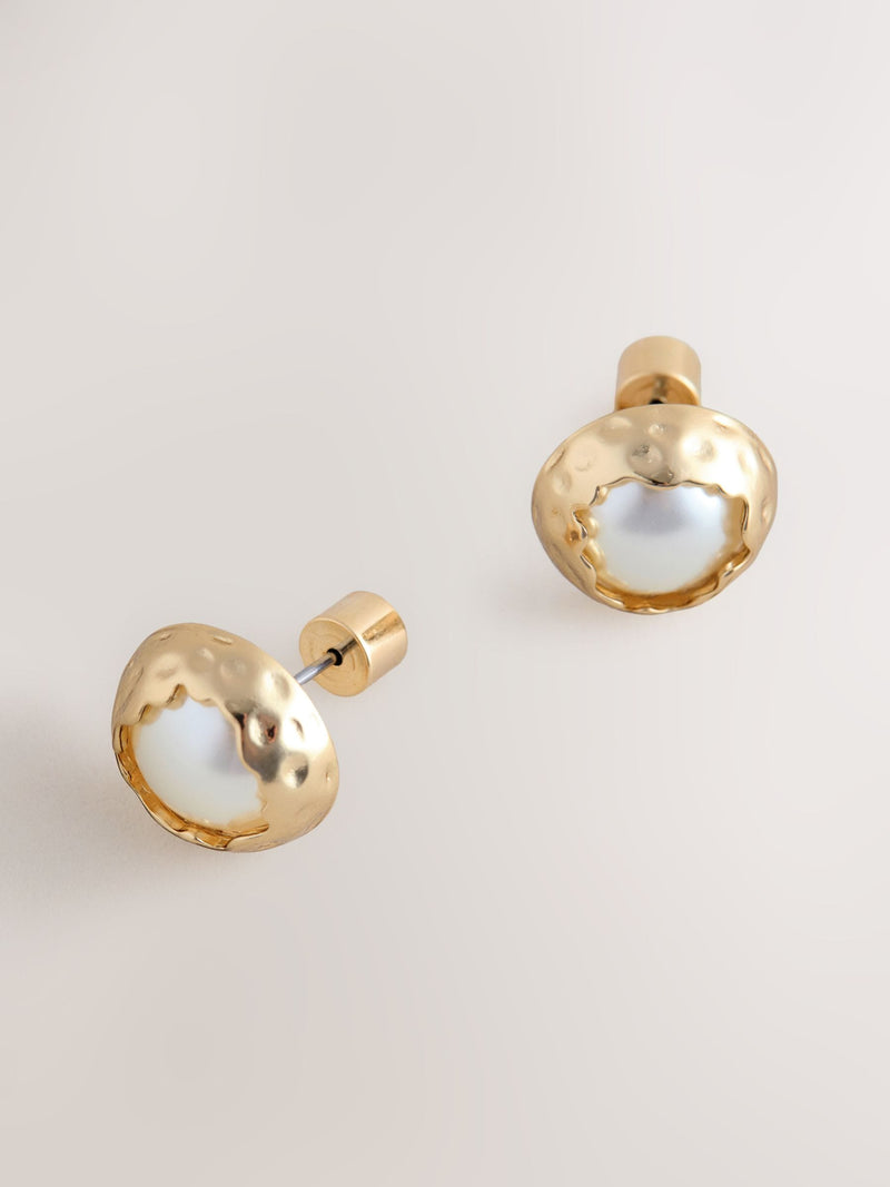 Pearl white effect stud earrings recycled brass - British product