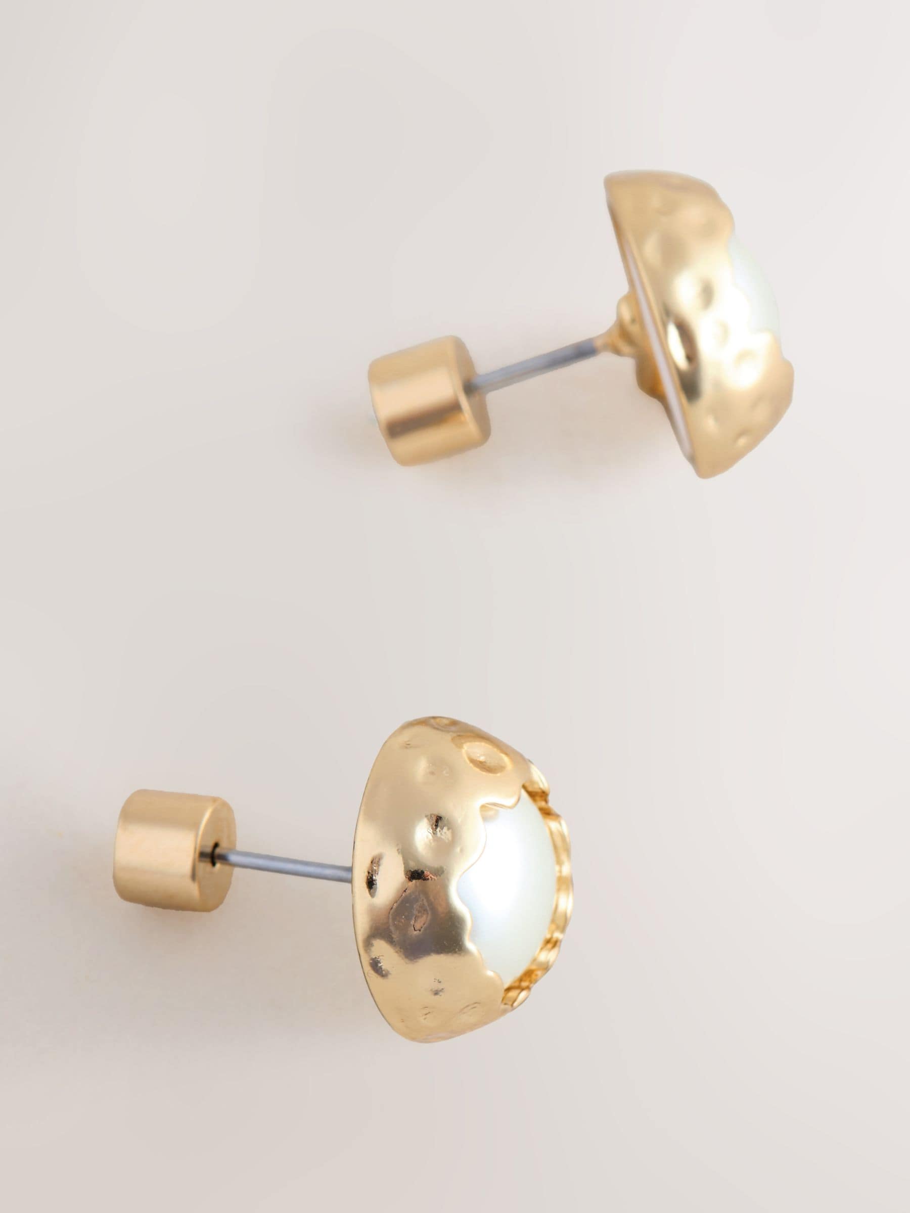Pearl white effect stud earrings recycled brass - British product