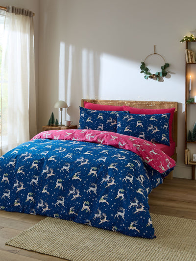 Their Nibs Blue Christmas Reindeer Reversible Duvet Cover Set