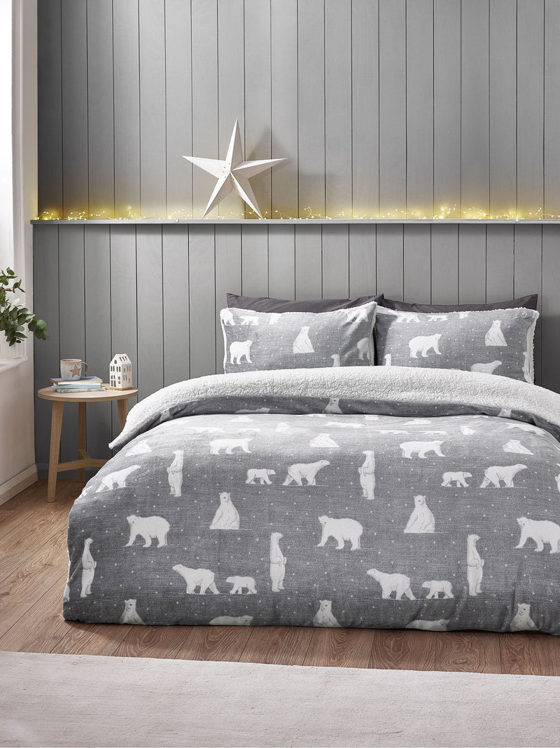 Catherine Lansfield Grey Cosy Polar Bear Soft Sherpa Duvet Cover Set