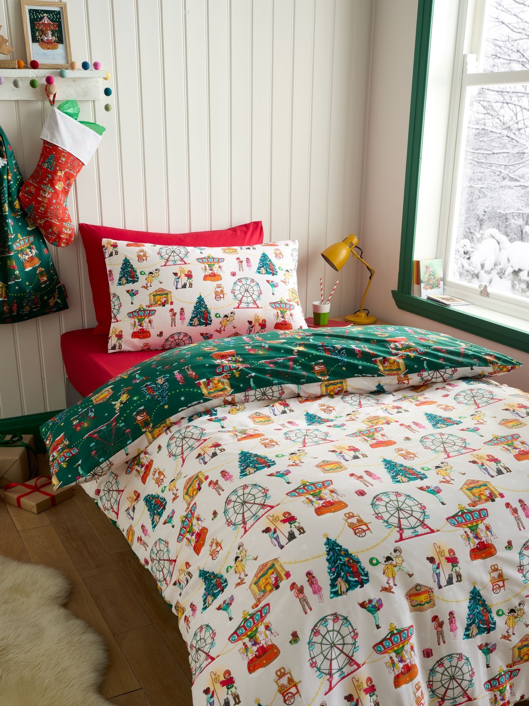 Belle & Boo Green Christmas Fairground Cotton Duvet Cover Set