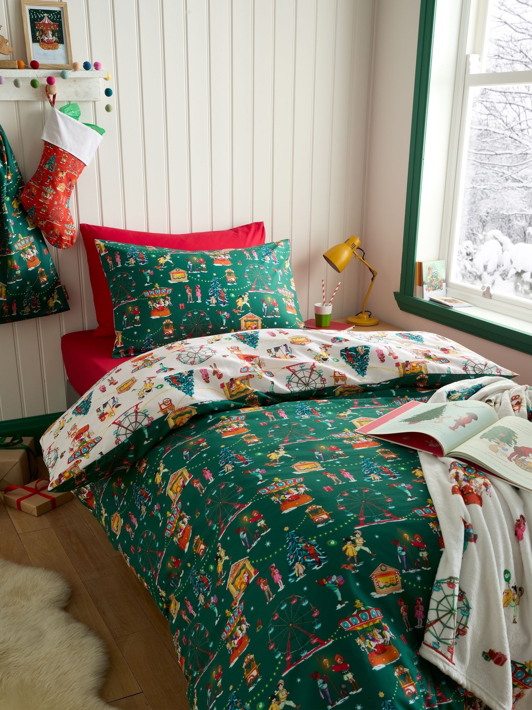 Belle & Boo Green Christmas Fairground Cotton Duvet Cover Set