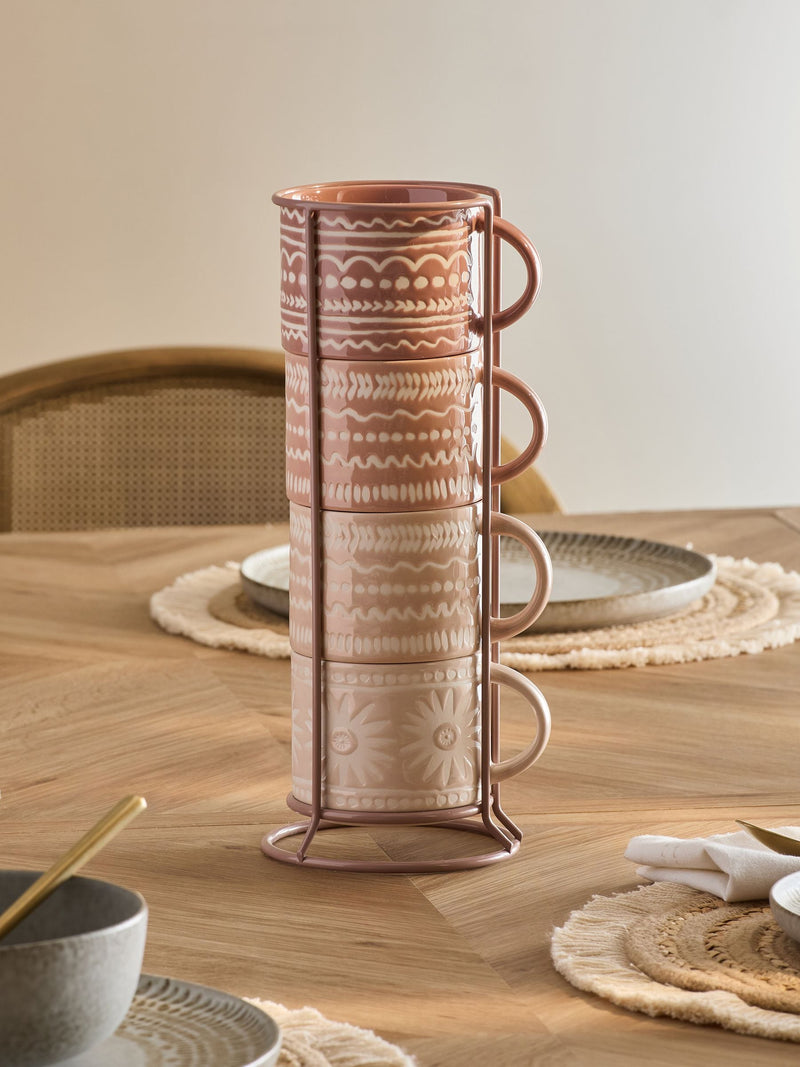 Natural Artisan geometric stacking mugs with wire stand set of 4, UK version