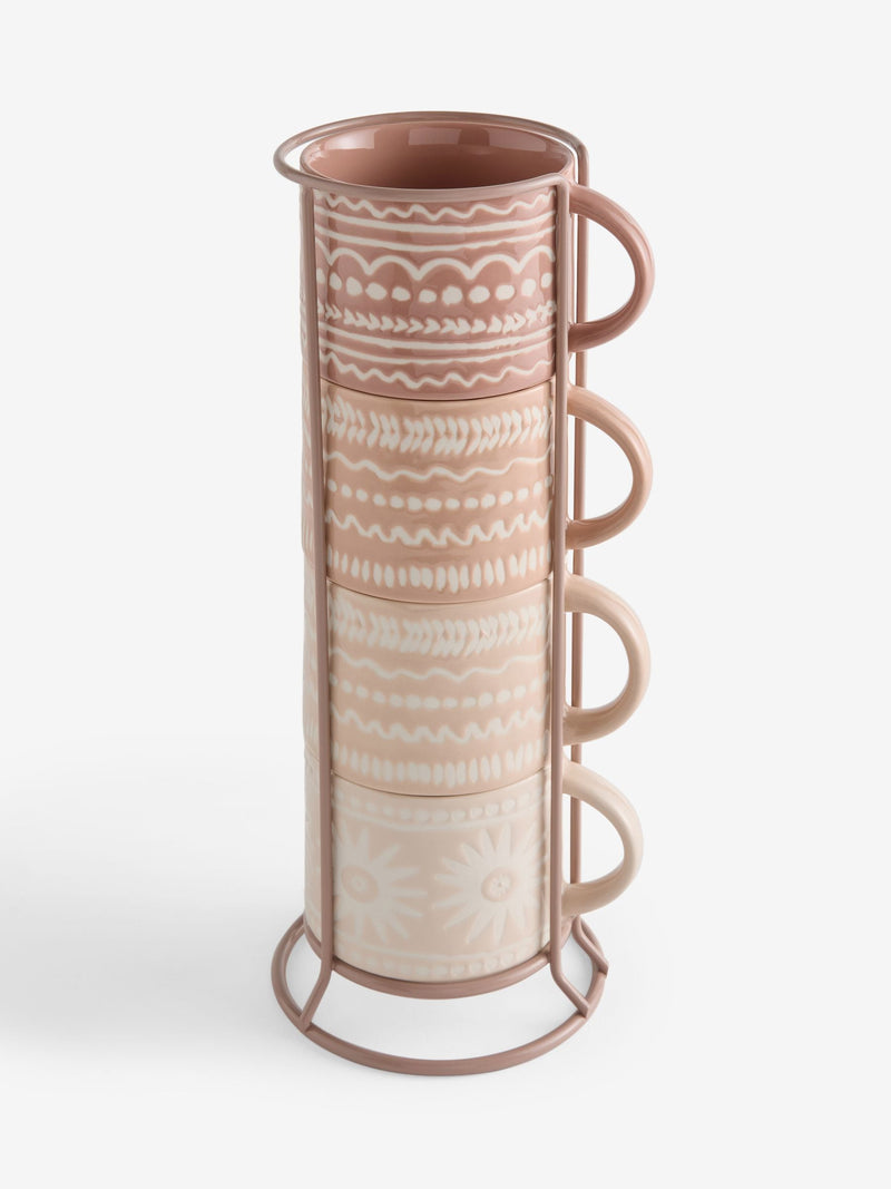 Natural Artisan geometric stacking mugs with wire stand set of 4, UK version