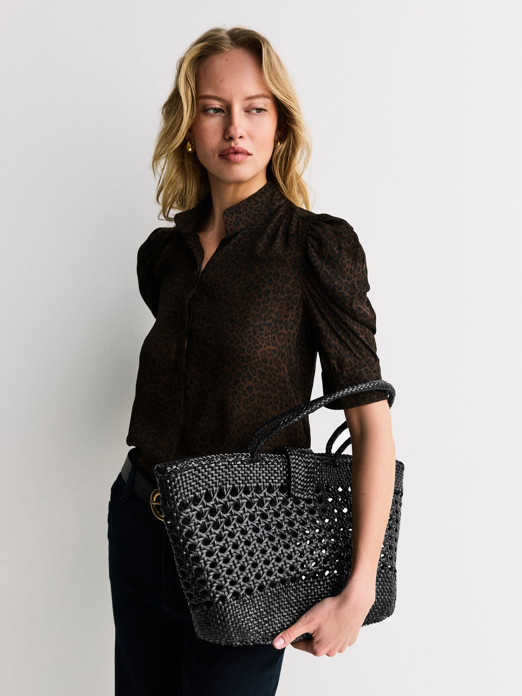 Rixo black Lucine handwoven leather tote bag - British product