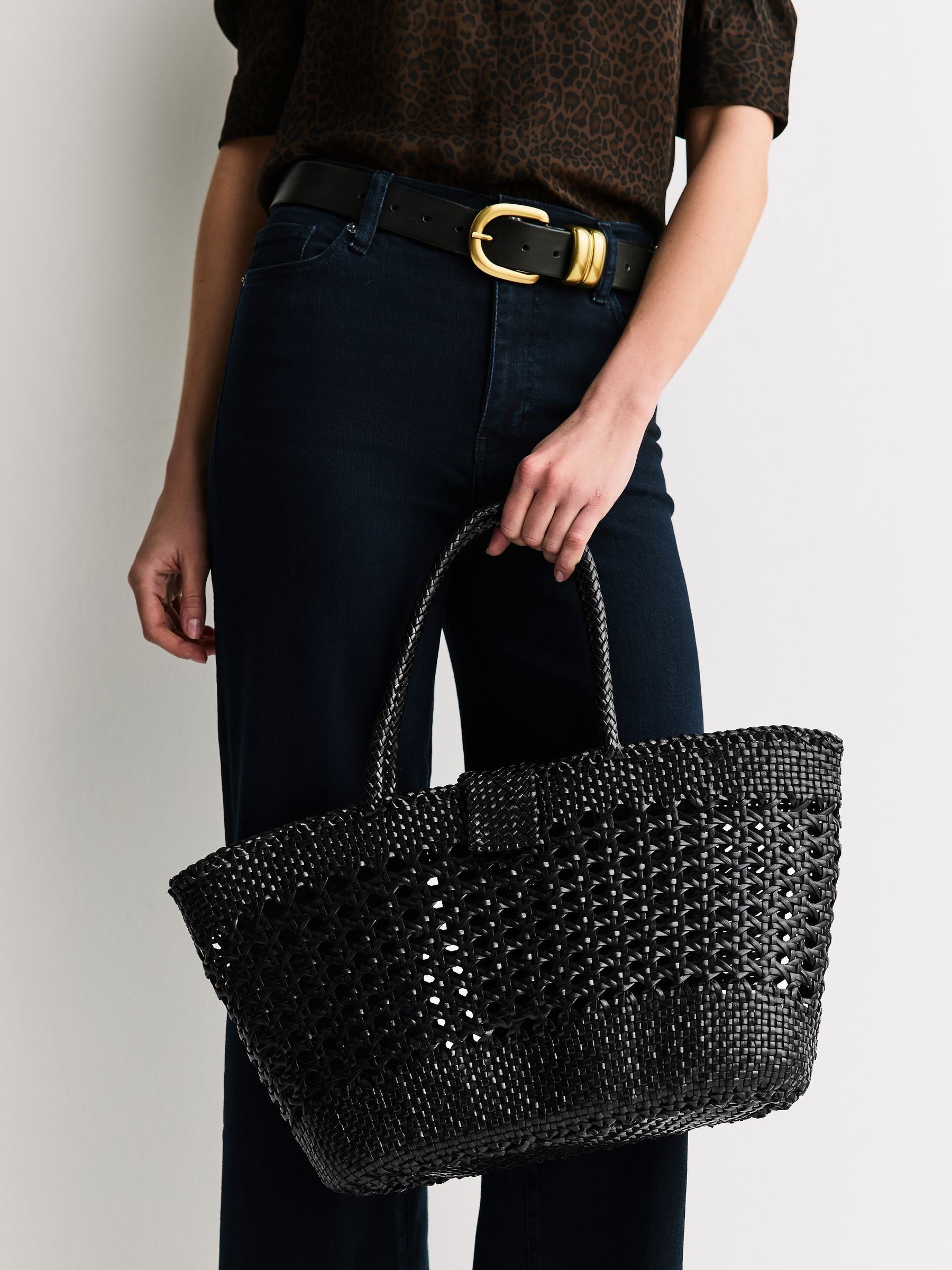 Rixo black Lucine handwoven leather tote bag - British product