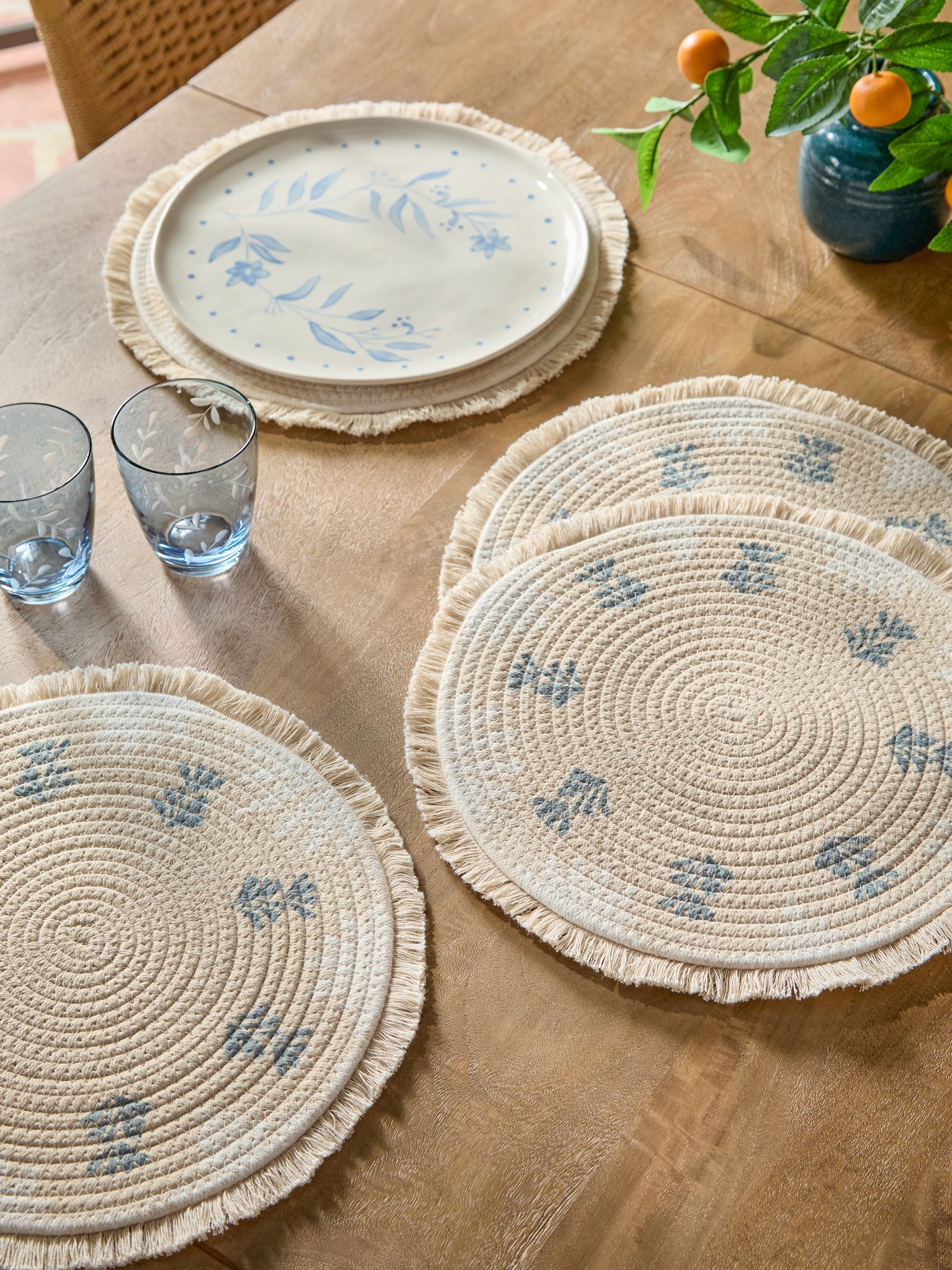 Alice blue floral placemats with fringe trim, 38cm - British product