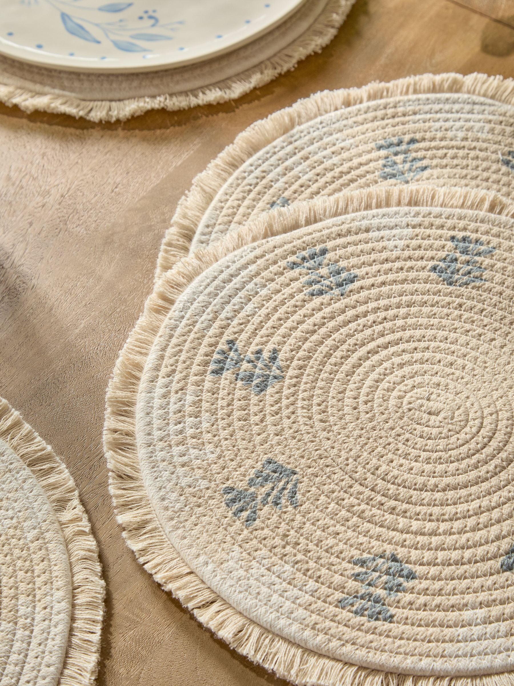 Alice blue floral placemats with fringe trim, 38cm - British product