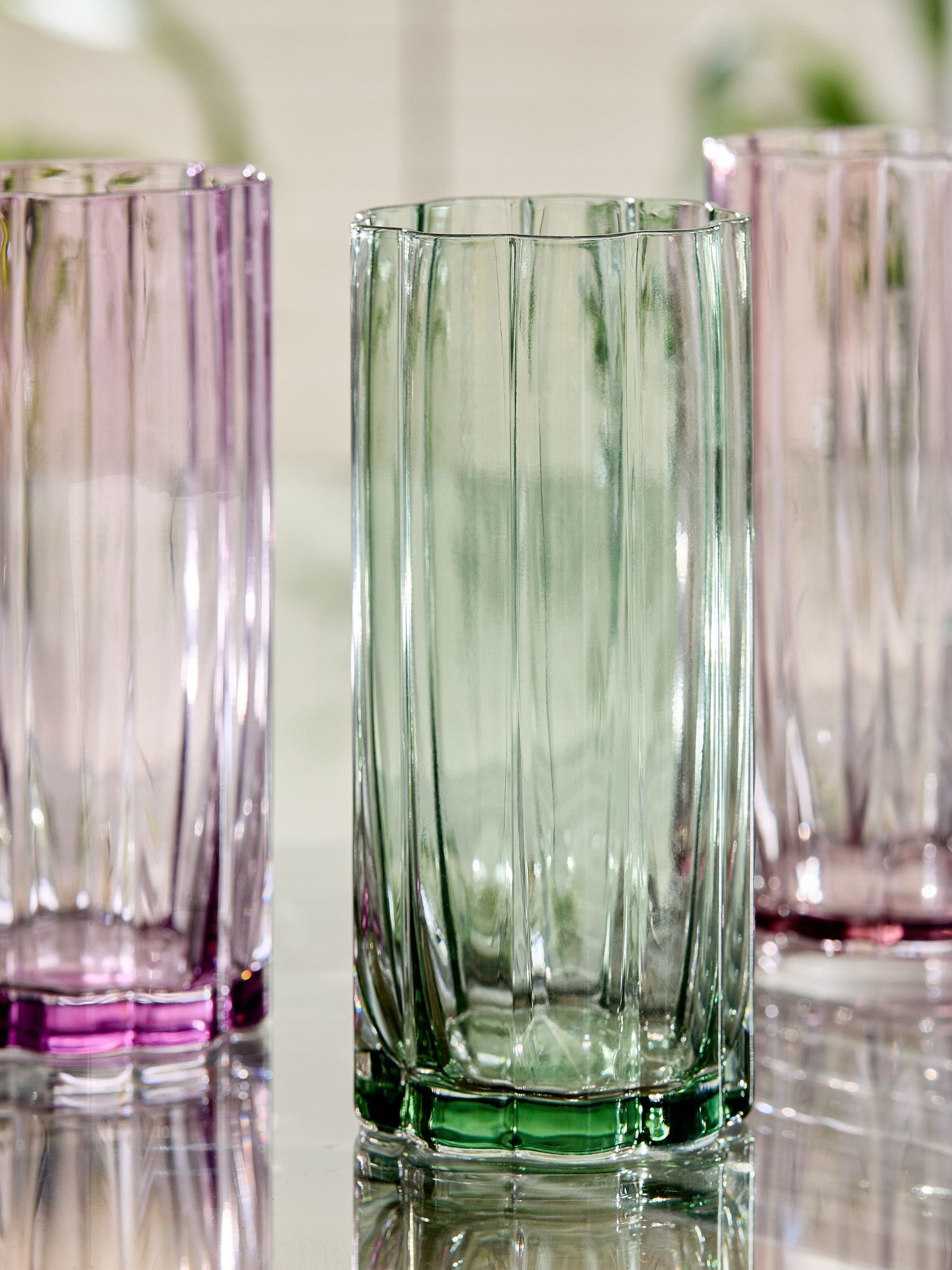 Set of four Freya tumbler glasses in green and pink, imported from the UK