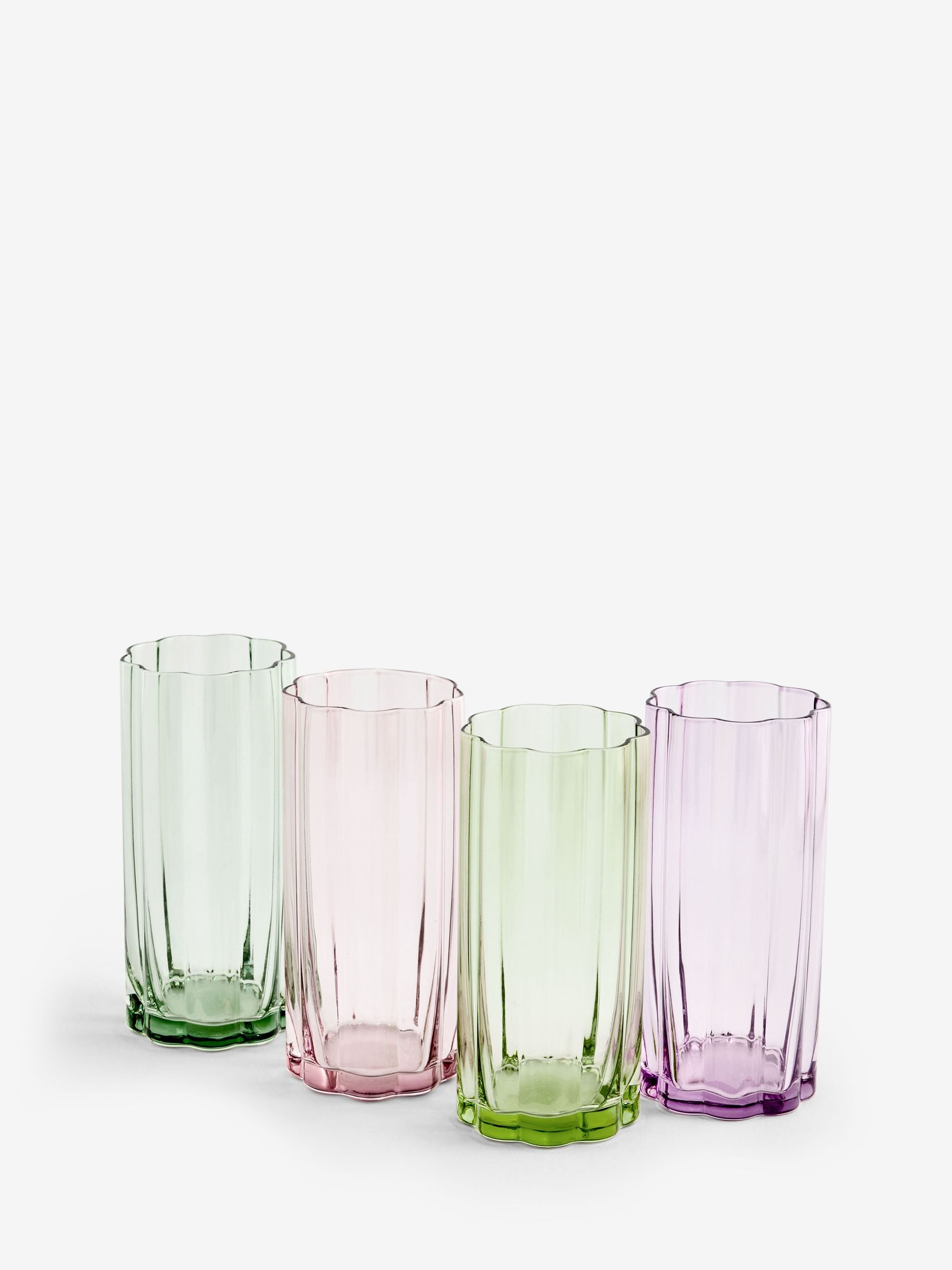 Set of four Freya tumbler glasses in green and pink, imported from the UK
